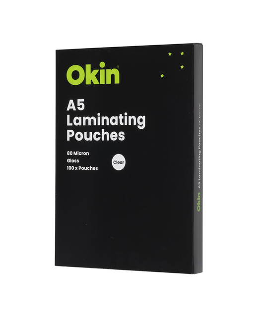 OKIN LAMINATING POUCHES A5 GLOSS 80MIC PACK OF 100