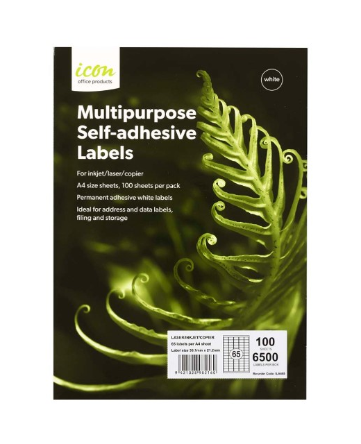 ICON MULTIPURPOSE LABELS 65 PER SHEET 38.1 * 21.2mm PACK OF 100