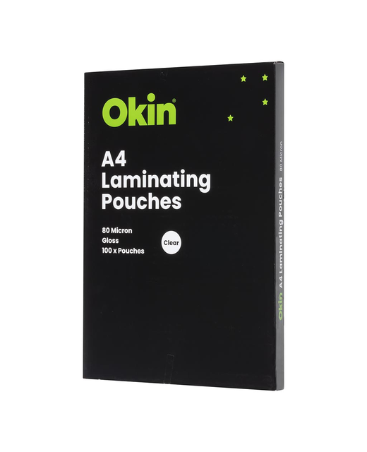 OKIN LAMINATING POUCHES A4 GLOSS 80MIC PACK OF 100