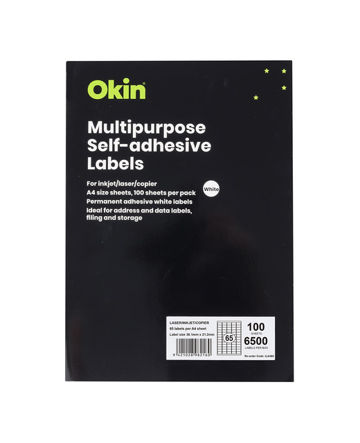 OKIN MULTIPURPOSE LABELS 65 PER SHEET 38.1X 21.2MM PACK OF 100