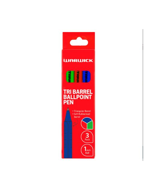 Warwick Pen Ballpoint Tri Barrel 1.0mm Medium Blue Red Green Pack 3