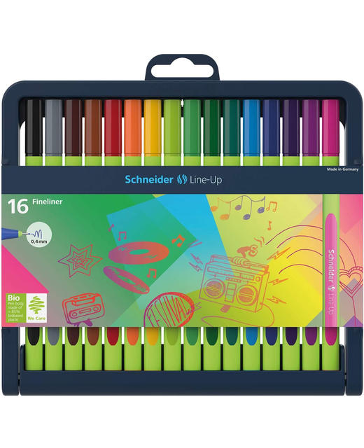 Schneider Fineliner Line-Up 0.4mm Assorted Colours Pens with Pencil Case Stand - Set of 16